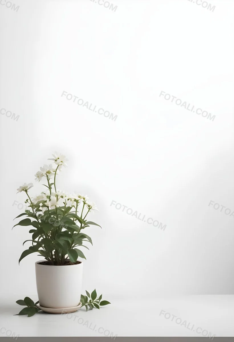 A Bouquet Of White Daisy Like Flowers With Green Leaves In A White Vase On A Plain Background 3 Fffe