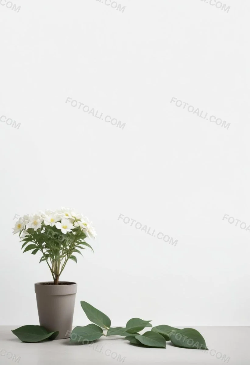 A Bouquet Of White Daisy Like Flowers With Green Leaves In A White Vase On A Plain Background 4 C222