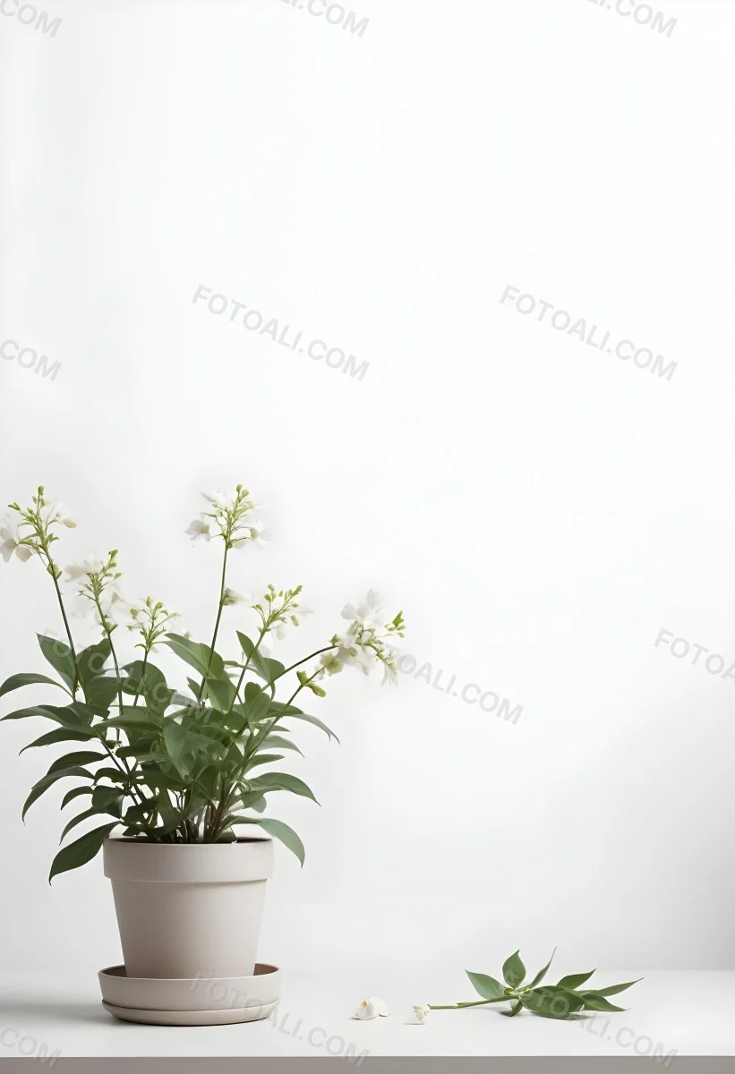A Bouquet Of White Daisy Like Flowers With Green Leaves In A White Vase On A Plain Background 4 E2f7