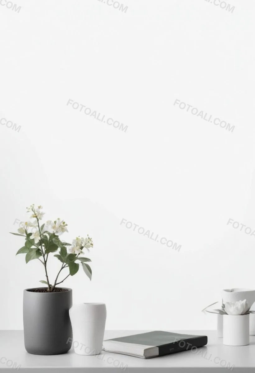 A Bouquet Of White Daisy Like Flowers With Green Leaves In A White Vase On A Plain Background 5 9956