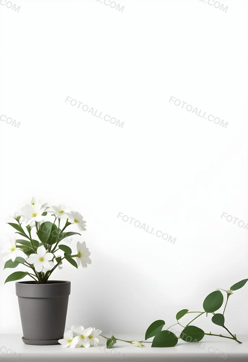 A Bouquet Of White Daisy Like Flowers With Green Leaves In A White Vase On A Plain Background 7 74dd