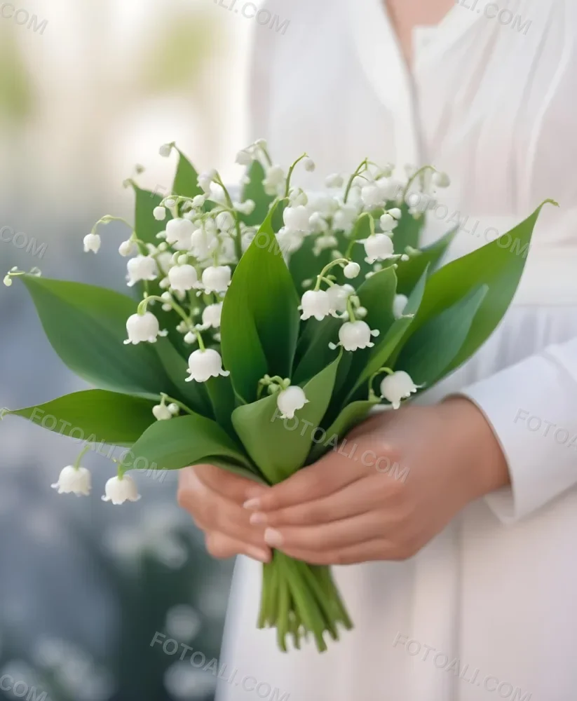 A Bouquet Of White Lily Of The Valley Flowers Held In A Person S Hands Against A Blurred Background 10 728b