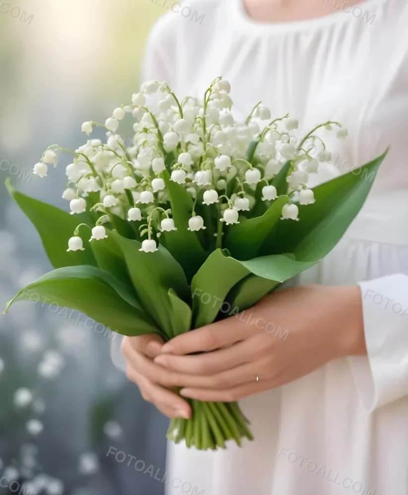 A Bouquet Of White Lily Of The Valley Flowers Held In A Person S Hands Against A Blurred Background 13 54e2