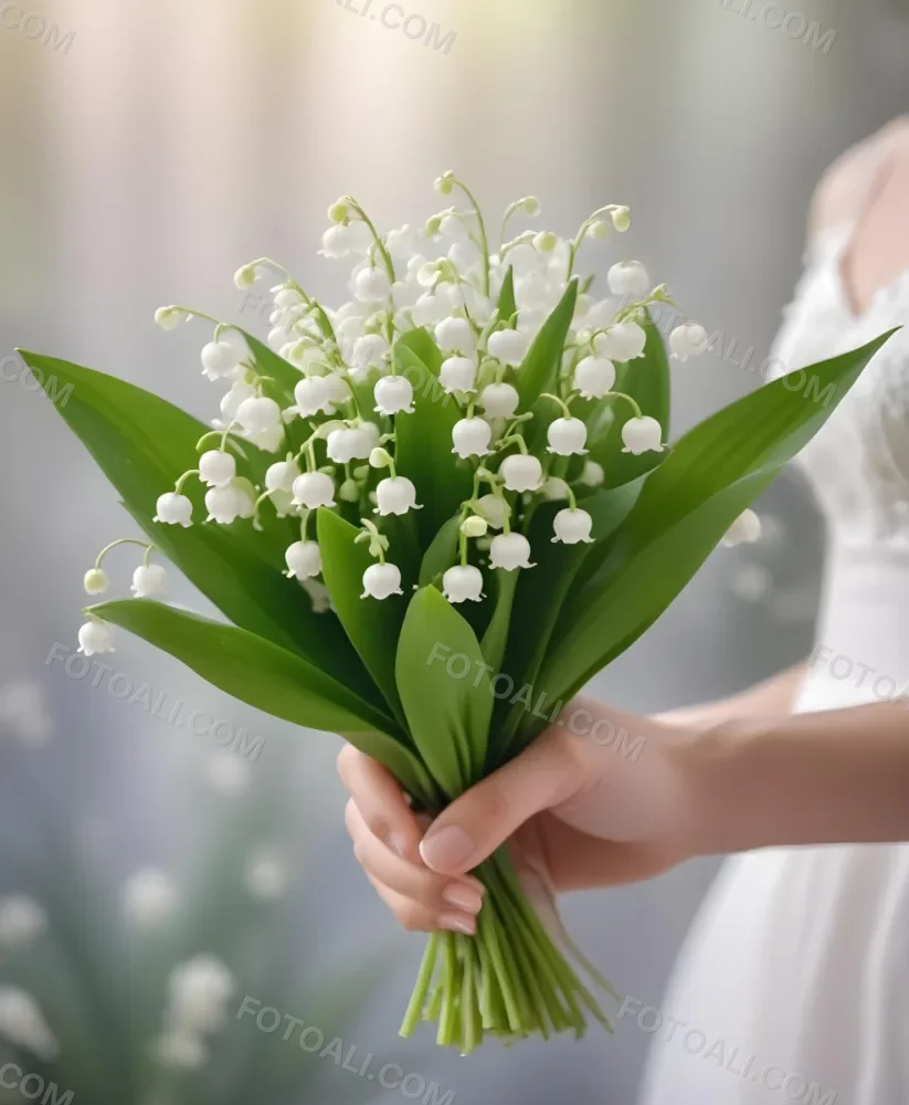A Bouquet Of White Lily Of The Valley Flowers Held In A Person S Hands Against A Blurred Background 14 E96f