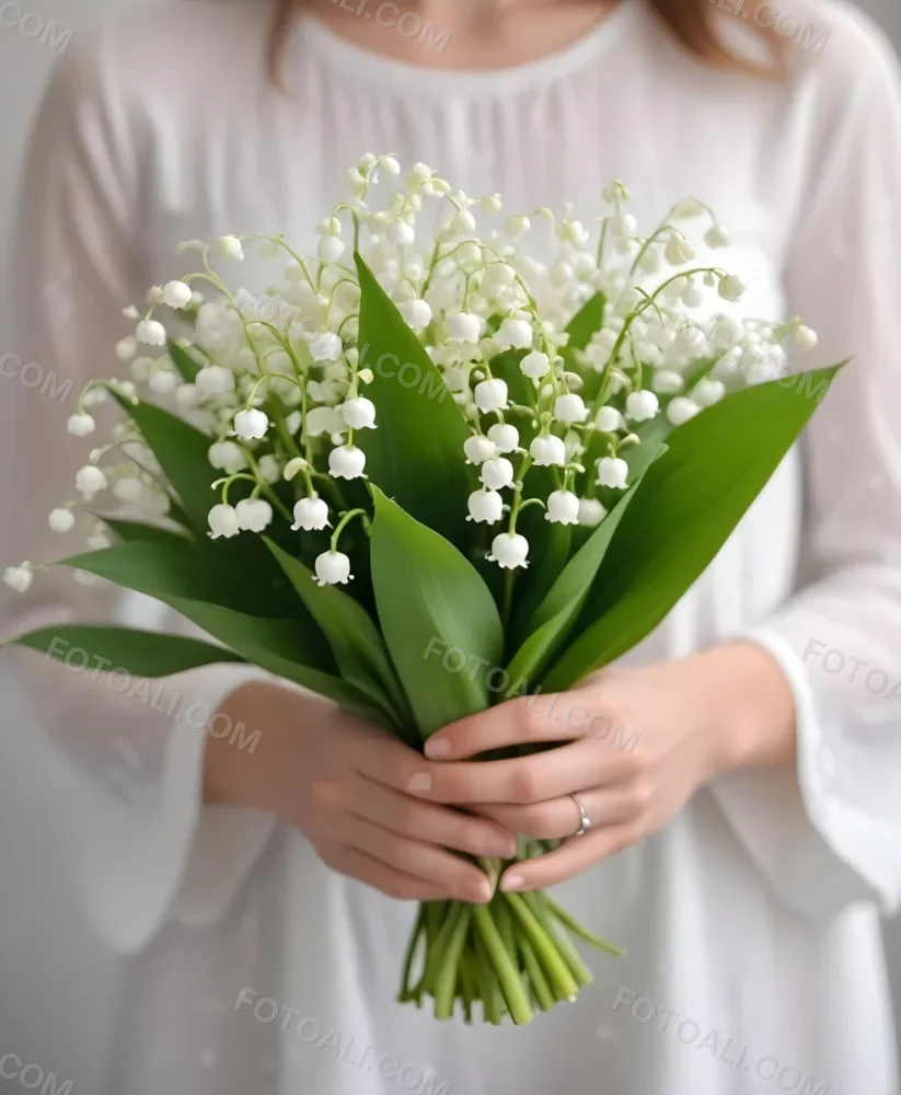 A Bouquet Of White Lily Of The Valley Flowers Held In A Person S Hands Against A Blurred Background 7 235c