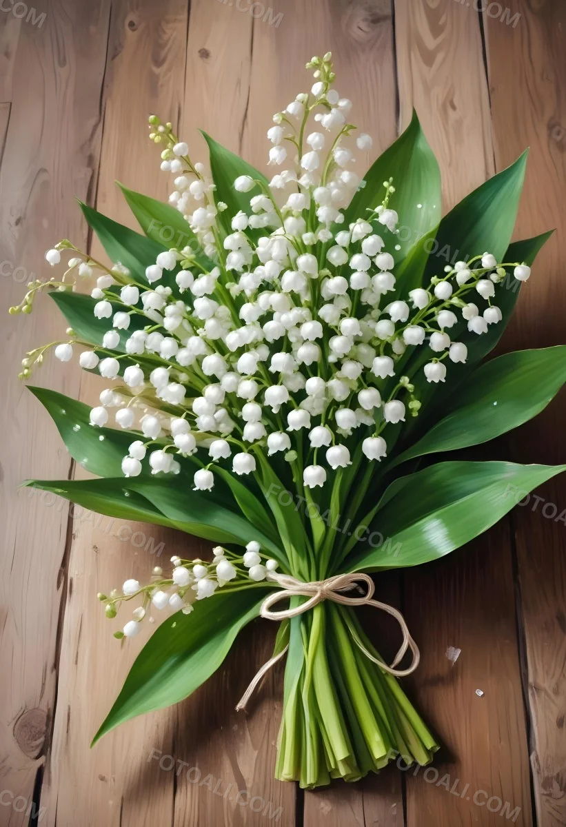 A Bouquet Of White Lily Of The Valley Flowers With Green Leaves Arranged In A Rustic Style On A Wooden Surface 1 5f39