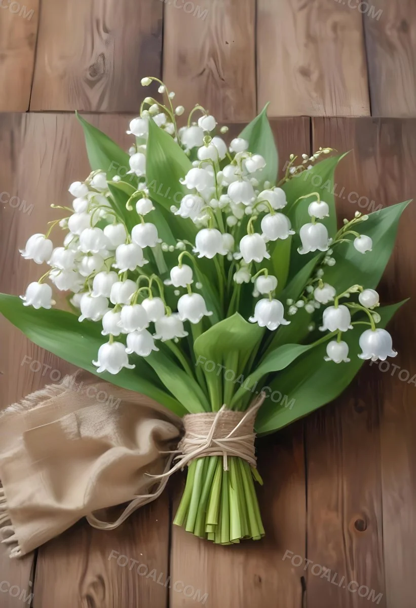 A Bouquet Of White Lily Of The Valley Flowers With Green Leaves Arranged In A Rustic Style On A Wooden Surface 13 33ae