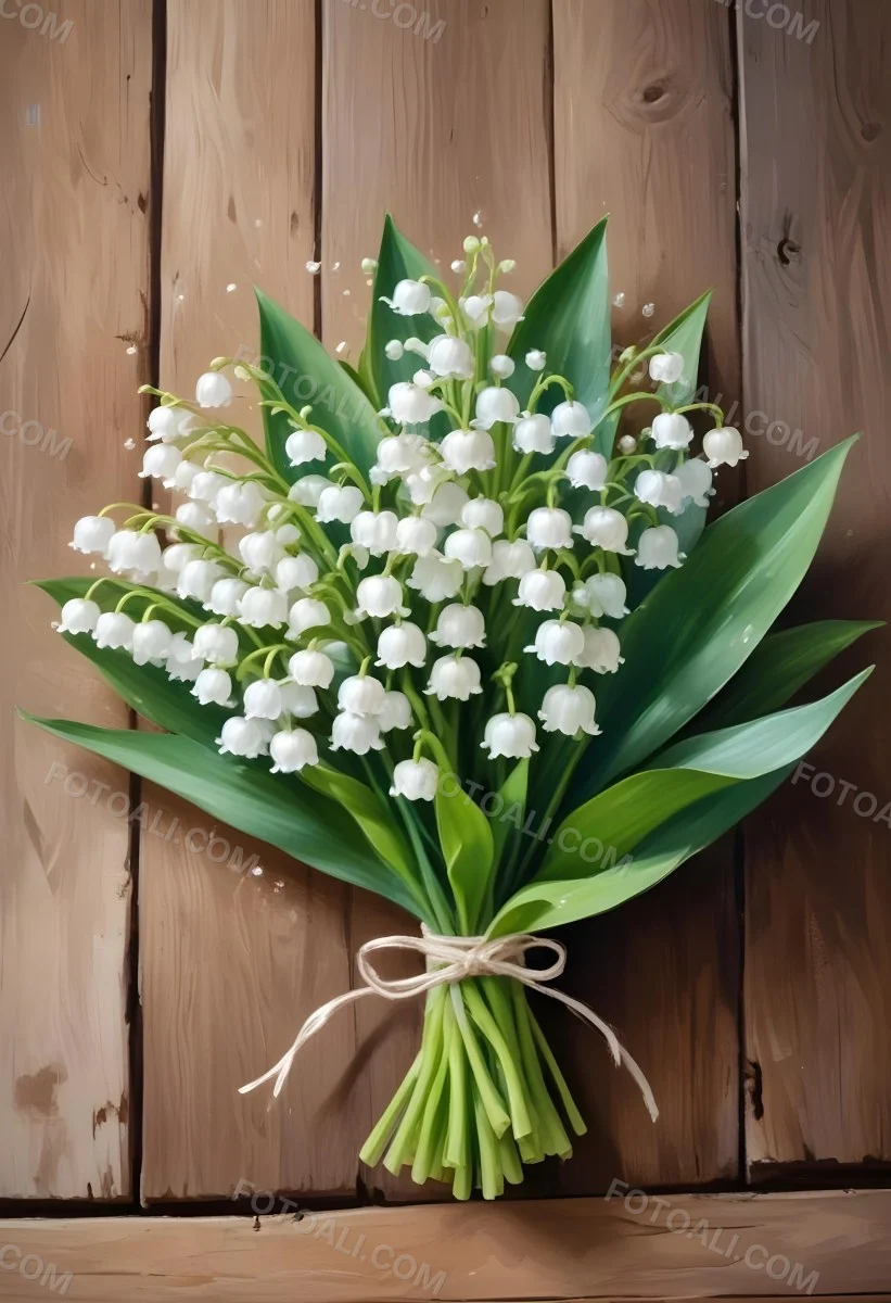 A Bouquet Of White Lily Of The Valley Flowers With Green Leaves Arranged In A Rustic Style On A Wooden Surface 16 2d5a