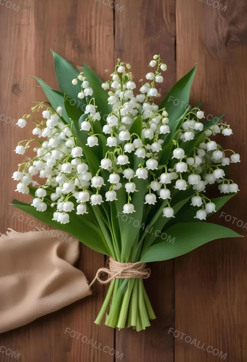 A Bouquet Of White Lily Of The Valley Flowers With Green Leaves Arranged In A Rustic Style On A Wooden Surface 25 3242