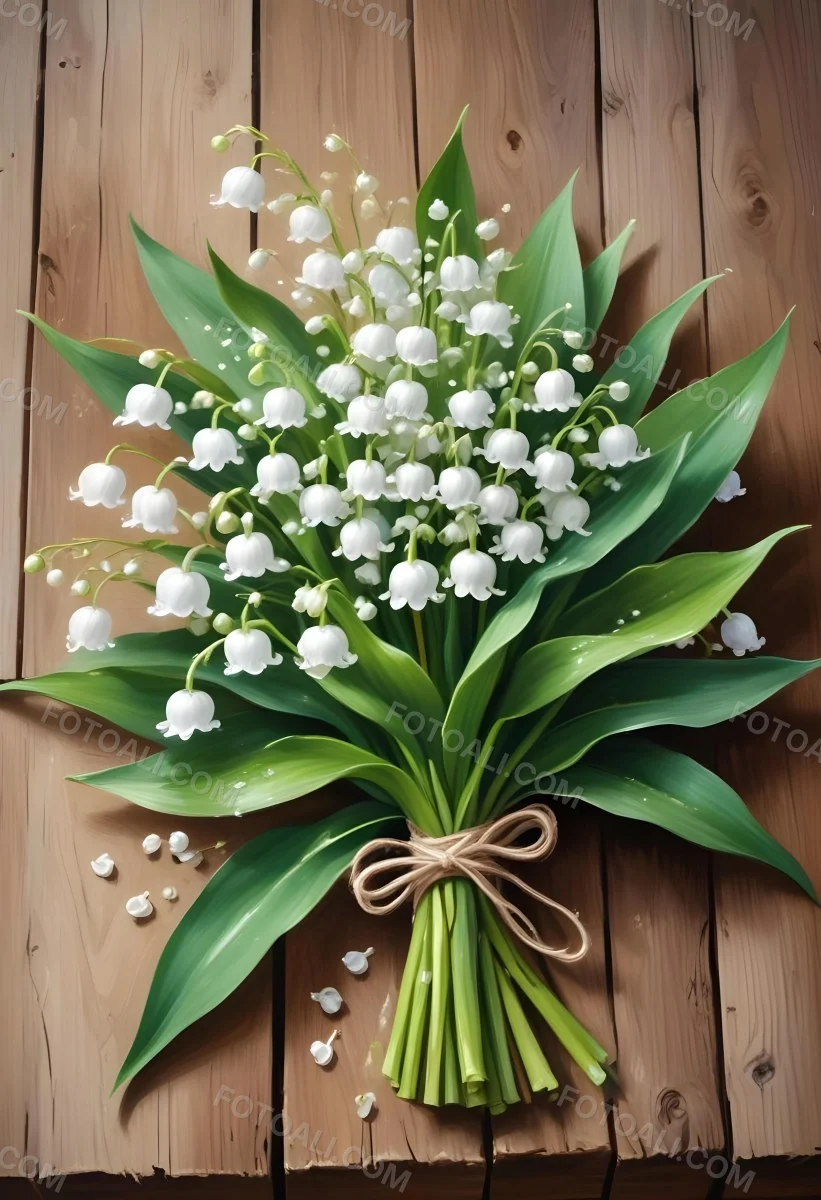 A Bouquet Of White Lily Of The Valley Flowers With Green Leaves Arranged In A Rustic Style On A Wooden Surface 3 Cdbe