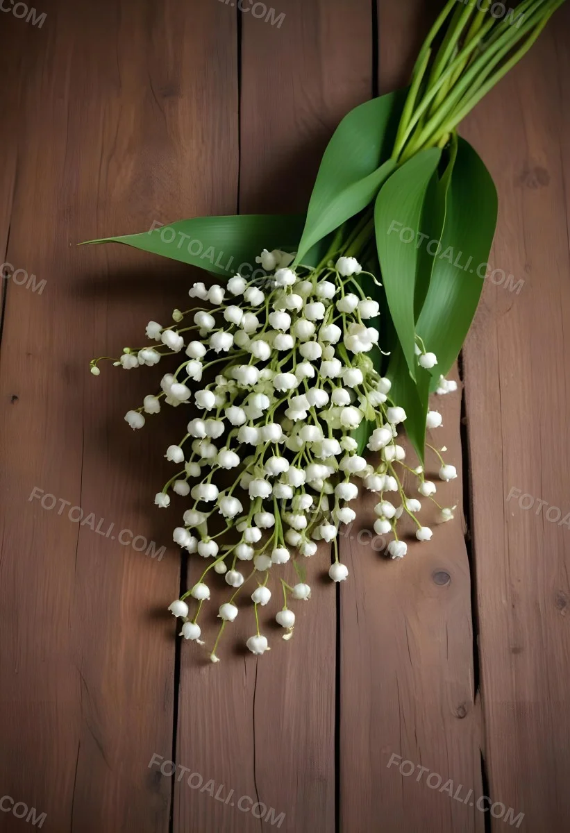 A Bouquet Of White Lily Of The Valley Flowers With Green Leaves Arranged In A Rustic Style On A Wooden Surface 31 Af4e