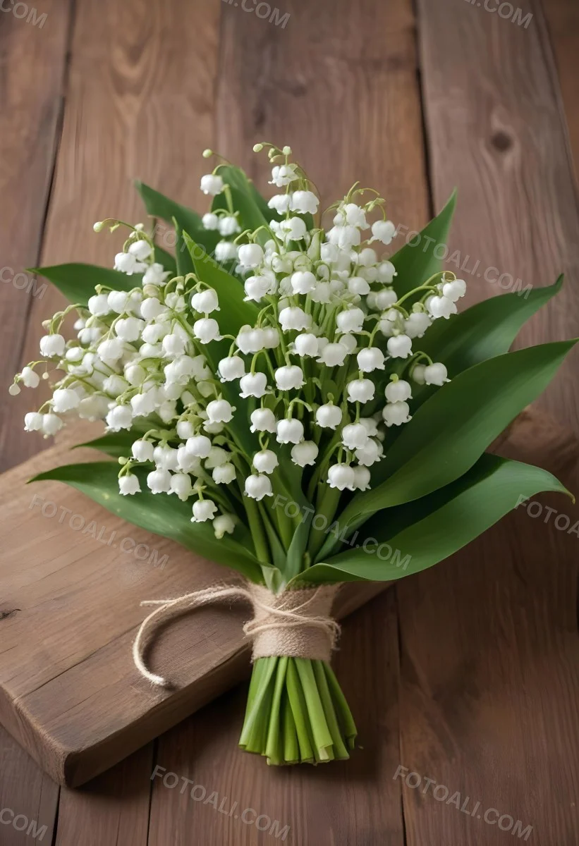 A Bouquet Of White Lily Of The Valley Flowers With Green Leaves Arranged In A Rustic Style On A Wooden Surface 34 93e6
