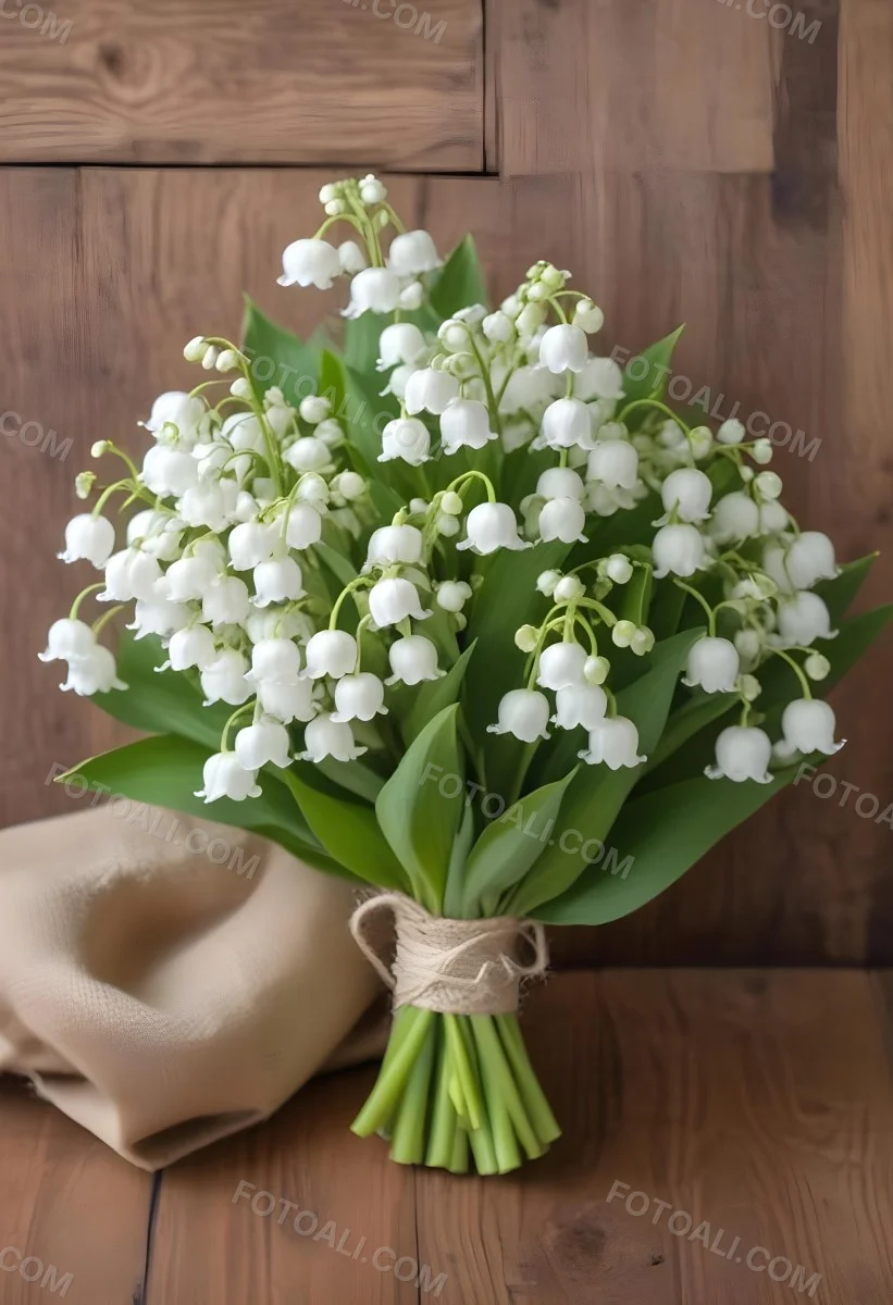 A Bouquet Of White Lily Of The Valley Flowers With Green Leaves Arranged In A Rustic Style On A Wooden Surface 38 2e86