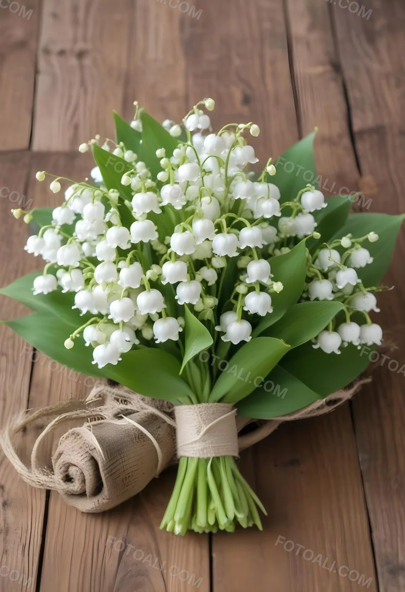 A Bouquet Of White Lily Of The Valley Flowers With Green Leaves Arranged In A Rustic Style On A Wooden Surface 47 731a