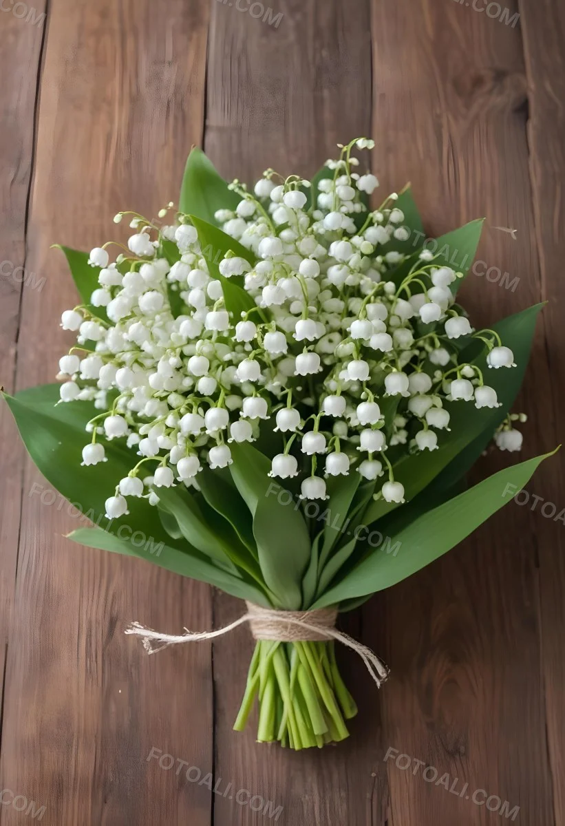 A Bouquet Of White Lily Of The Valley Flowers With Green Leaves Arranged In A Rustic Style On A Wooden Surface 48 23d3
