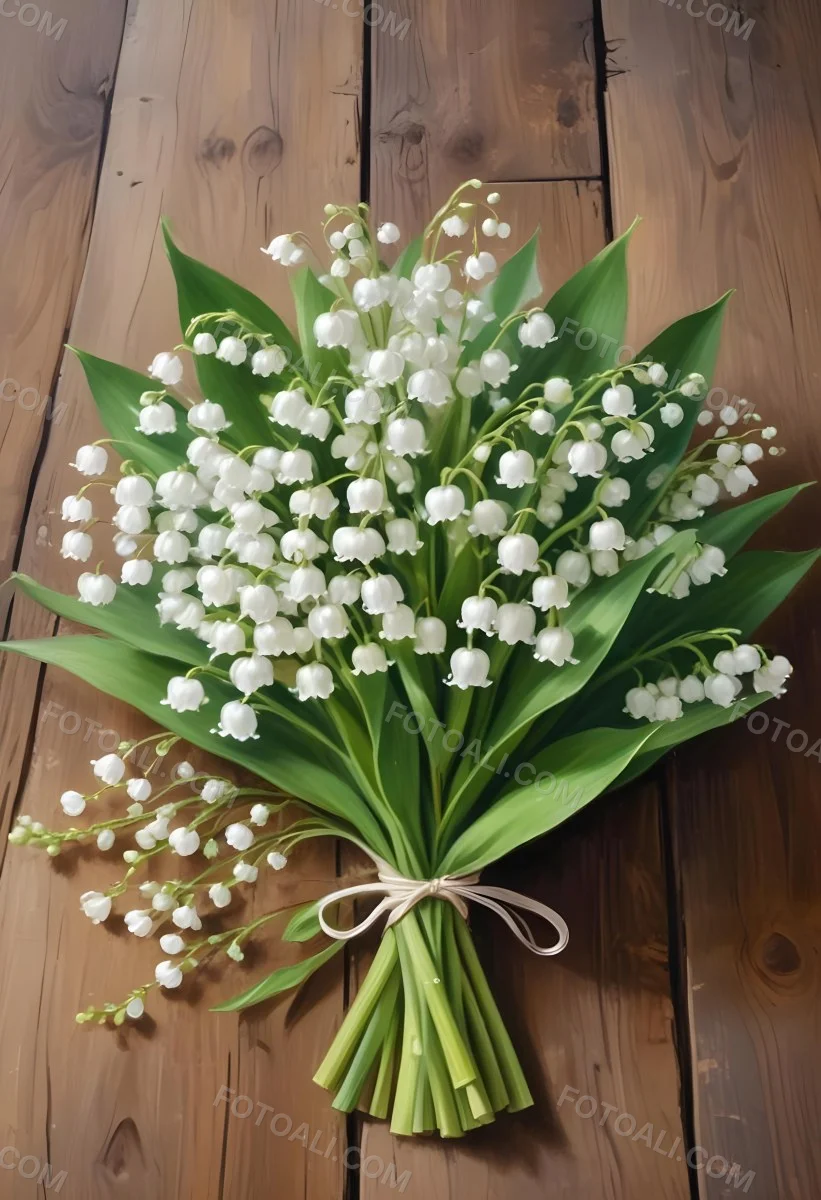 A Bouquet Of White Lily Of The Valley Flowers With Green Leaves Arranged In A Rustic Style On A Wooden Surface 5 7a60