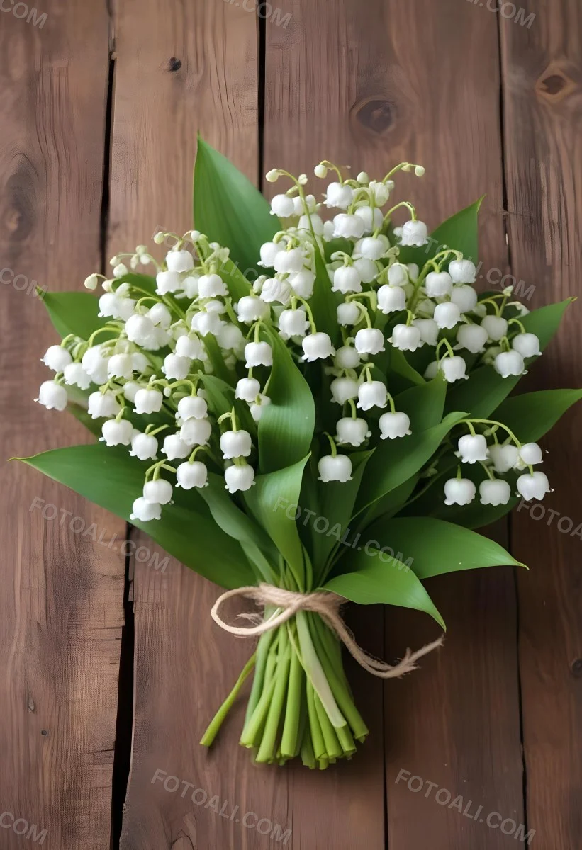 A Bouquet Of White Lily Of The Valley Flowers With Green Leaves Arranged In A Rustic Style On A Wooden Surface 50 D934