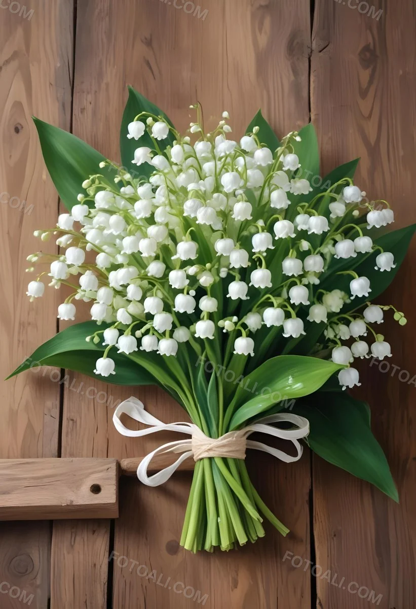 A Bouquet Of White Lily Of The Valley Flowers With Green Leaves Arranged In A Rustic Style On A Wooden Surface 51 Ca79