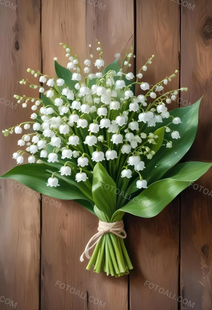 A Bouquet Of White Lily Of The Valley Flowers With Green Leaves Arranged In A Rustic Style On A Wooden Surface 6 C5b3