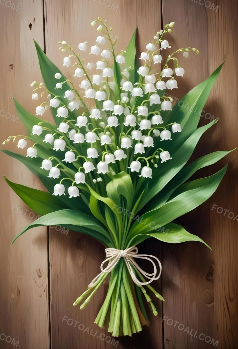 A Bouquet Of White Lily Of The Valley Flowers With Green Leaves Arranged In A Rustic Style On A Wooden Surface 9 27c2