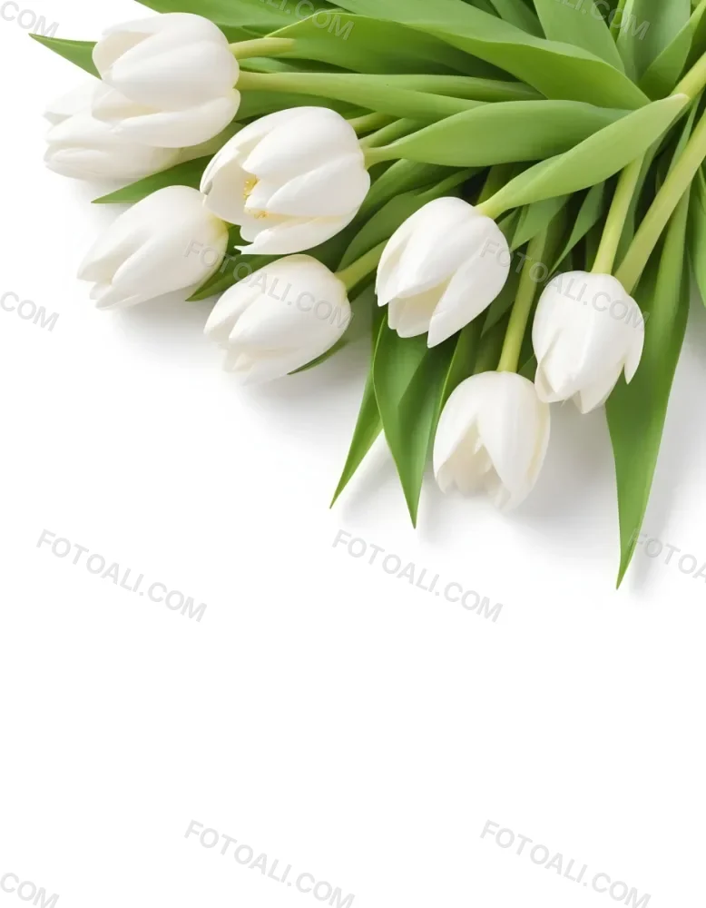 A Bouquet Of White Tulips With Green Leaves Arranged In A Cluster With A Bright White Background 51 C236