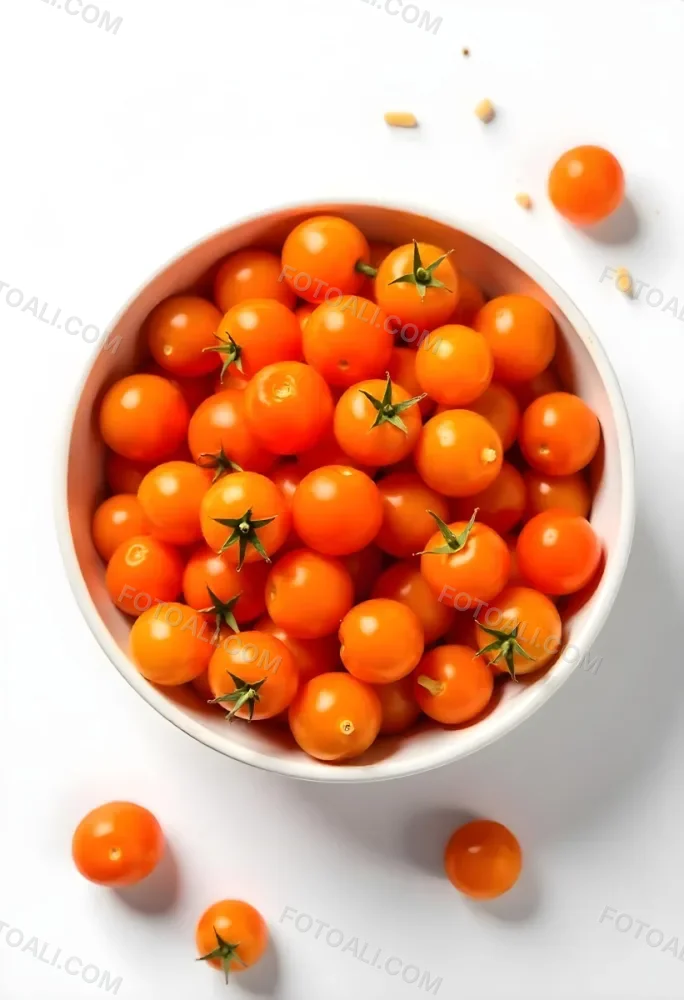 A Bowl Full Of Orange Cherry Tomatoes With Orange Stems Some Tomatoes Scattered On A White Surface Bright Lighting Top Down View 16 8edf