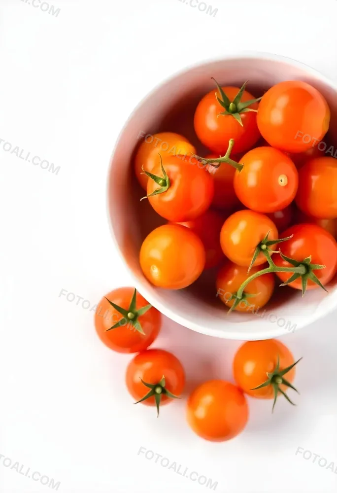 A Bowl Full Of Orange Cherry Tomatoes With Orange Stems Some Tomatoes Scattered On A White Surface Bright Lighting Top Down View 30 45fe