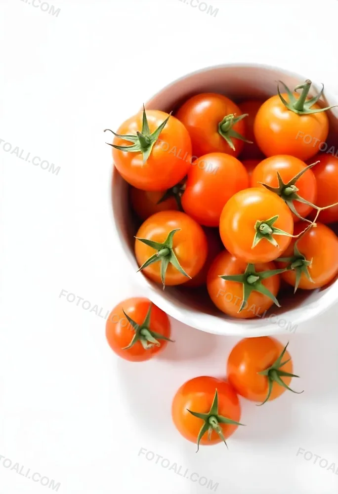 A Bowl Full Of Orange Cherry Tomatoes With Orange Stems Some Tomatoes Scattered On A White Surface Bright Lighting Top Down View 33 4e10