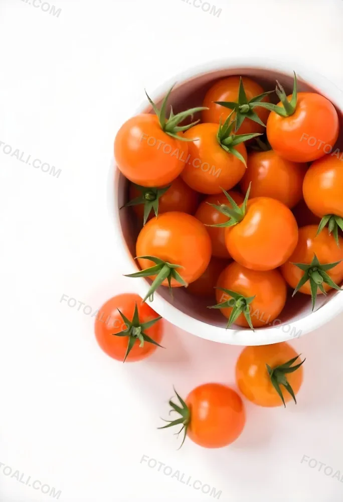 A Bowl Full Of Orange Cherry Tomatoes With Orange Stems Some Tomatoes Scattered On A White Surface Bright Lighting Top Down View 37 40ea