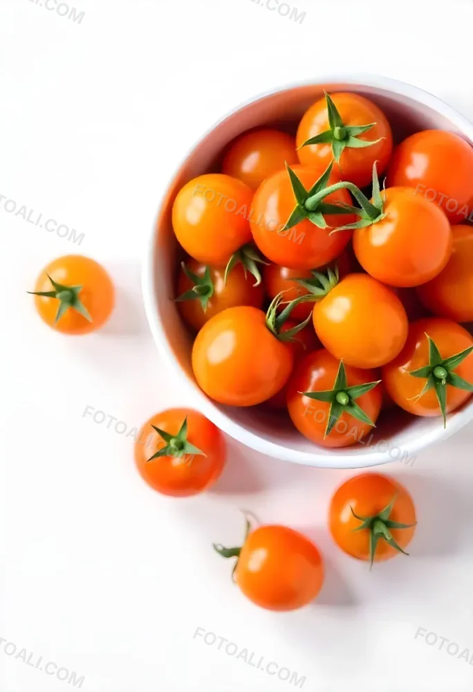 A Bowl Full Of Orange Cherry Tomatoes With Orange Stems Some Tomatoes Scattered On A White Surface Bright Lighting Top Down View 38 1423