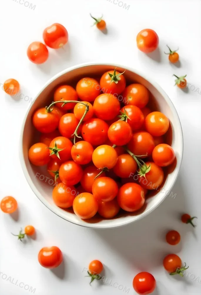 A Bowl Full Of Orange Cherry Tomatoes With Orange Stems Some Tomatoes Scattered On A White Surface Bright Lighting Top Down View 5 0966