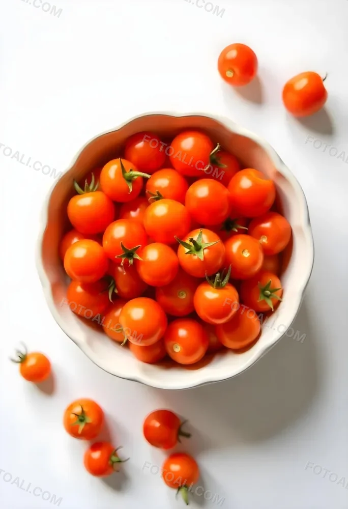 A Bowl Full Of Orange Cherry Tomatoes With Orange Stems Some Tomatoes Scattered On A White Surface Bright Lighting Top Down View 8 1f84