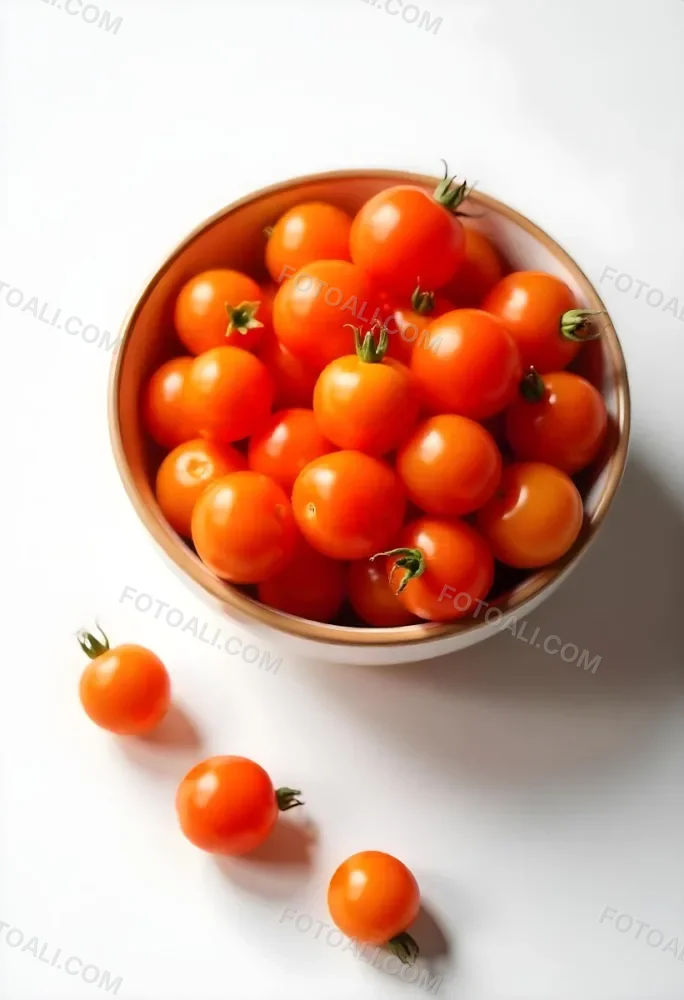 A Bowl Full Of Orange Cherry Tomatoes With Orange Stems Some Tomatoes Scattered On A White Surface Bright Lighting Top Down View 9 89b2