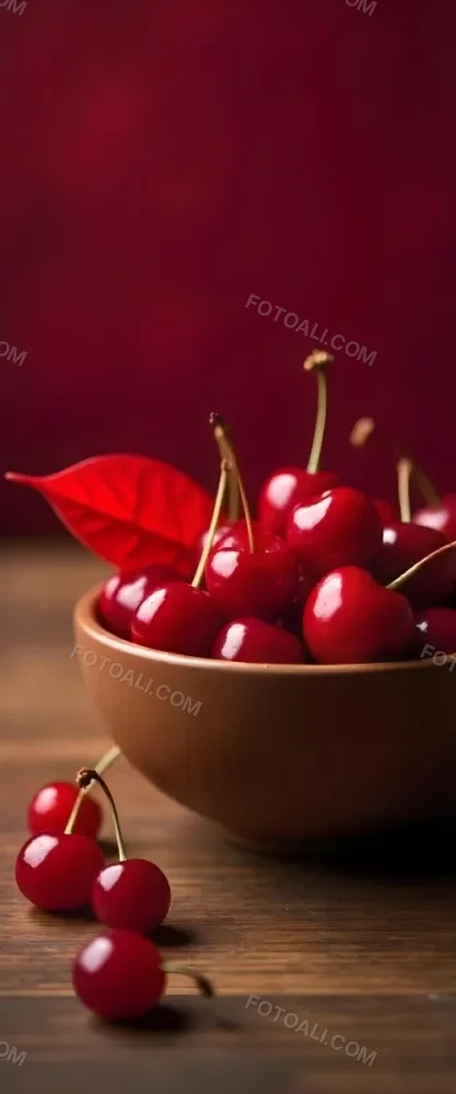 A Bowl Full Of Red Cherries With A Red Leaf On A Wooden Table With A Blurred Red Background 1 Aacc