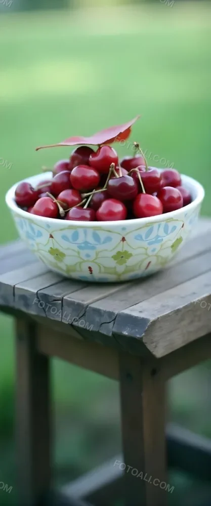 A Bowl Full Of Red Cherries With A Red Leaf On A Wooden Table With A Blurred Red Background 14 F3ca