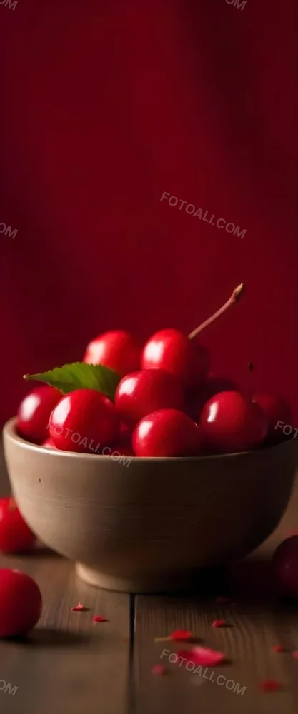 A Bowl Full Of Red Cherries With A Red Leaf On A Wooden Table With A Blurred Red Background 15 10f8