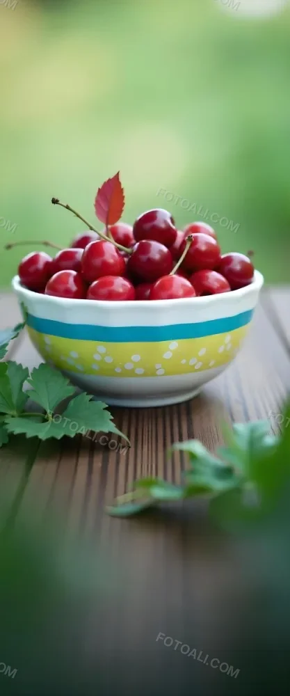 A Bowl Full Of Red Cherries With A Red Leaf On A Wooden Table With A Blurred Red Background 20 629b