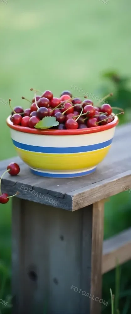 A Bowl Full Of Red Cherries With A Red Leaf On A Wooden Table With A Blurred Red Background 24 5566