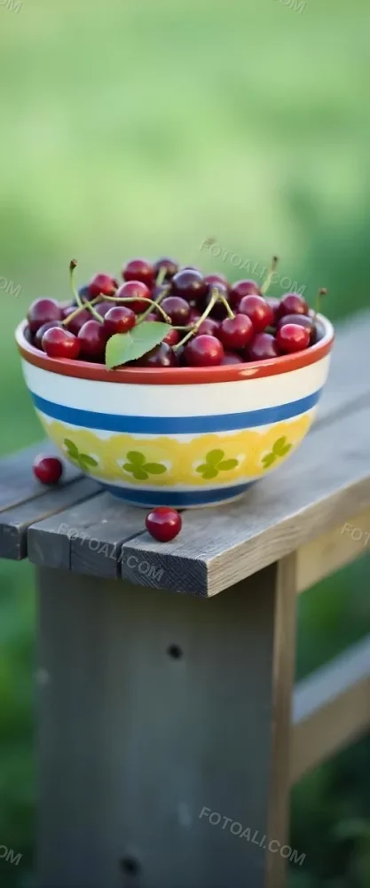 A Bowl Full Of Red Cherries With A Red Leaf On A Wooden Table With A Blurred Red Background 28 B1b0