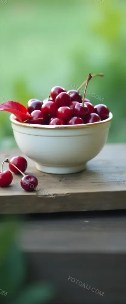 A Bowl Full Of Red Cherries With A Red Leaf On A Wooden Table With A Blurred Red Background 29 F3c5