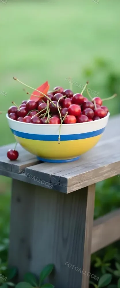 A Bowl Full Of Red Cherries With A Red Leaf On A Wooden Table With A Blurred Red Background 4 A1d4