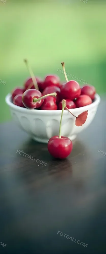 A Bowl Full Of Red Cherries With A Red Leaf On A Wooden Table With A Blurred Red Background 5 3db6
