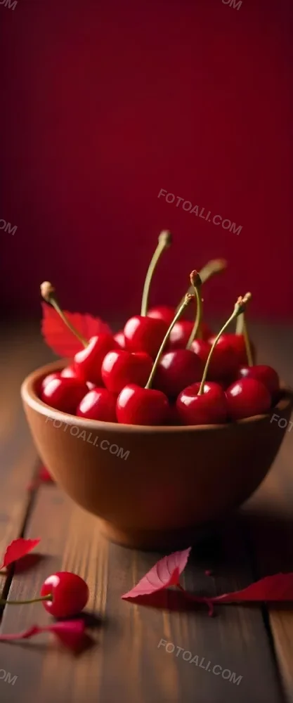 A Bowl Full Of Red Cherries With A Red Leaf On A Wooden Table With A Blurred Red Background 6 18f6