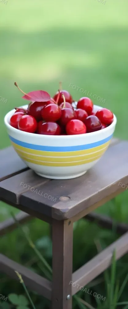 A Bowl Full Of Red Cherries With A Red Leaf On A Wooden Table With A Blurred Red Background 7 326e