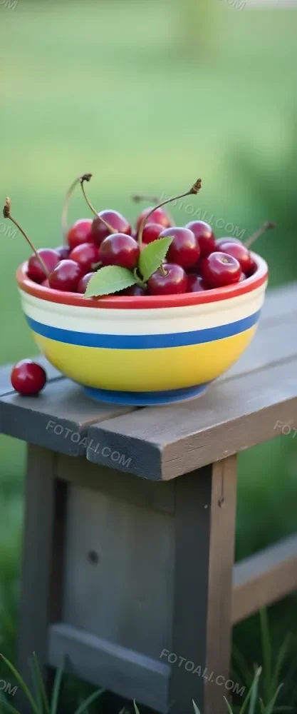 A Bowl Full Of Red Cherries With A Red Leaf On A Wooden Table With A Blurred Red Background 9 468d