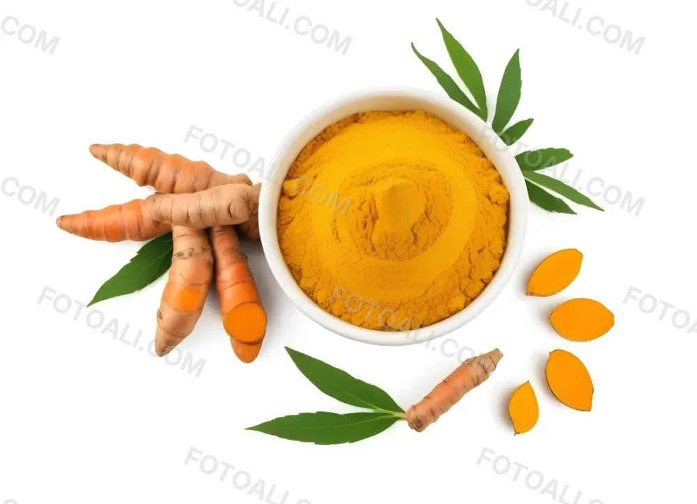 A Bowl Of Bright Yellow Turmeric Powder Surrounded By Fresh Turmeric Roots And Leaves 2 F890