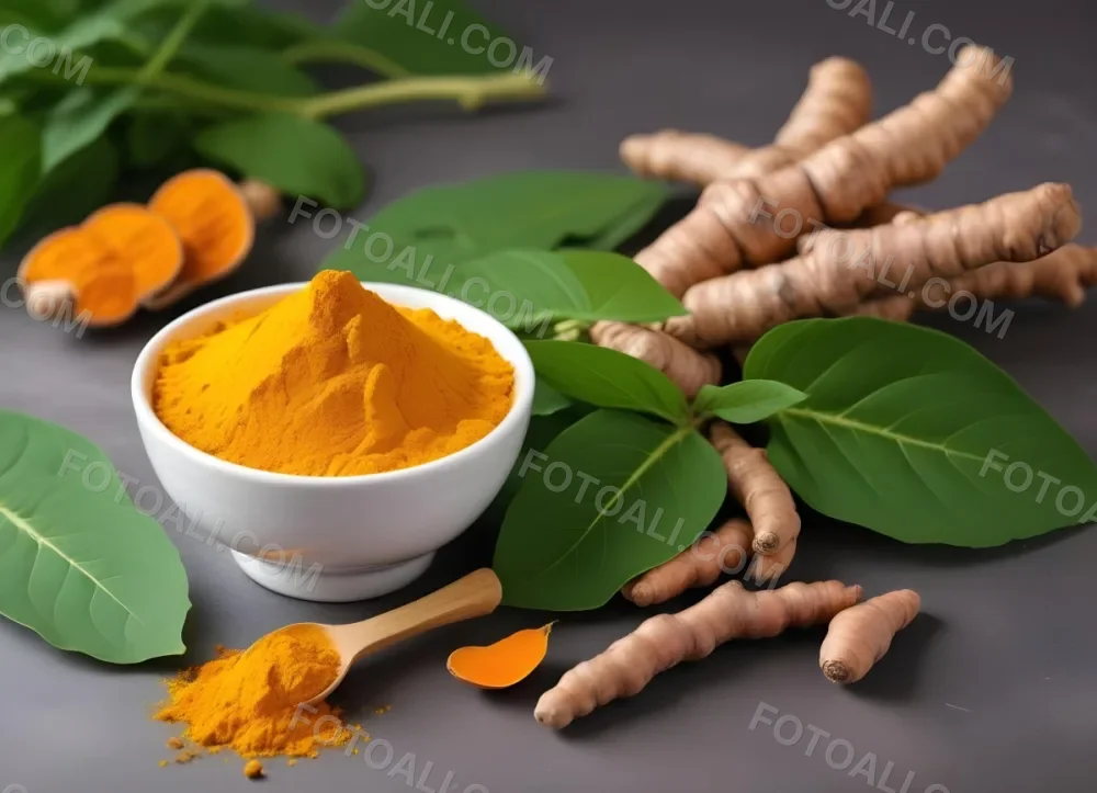 A Bowl Of Bright Yellow Turmeric Powder Surrounded By Fresh Turmeric Roots And Leaves 3 4fb9