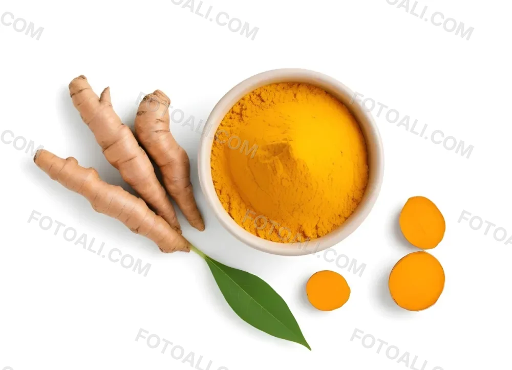 A Bowl Of Bright Yellow Turmeric Powder Surrounded By Fresh Turmeric Roots And Leaves 4 0ef6