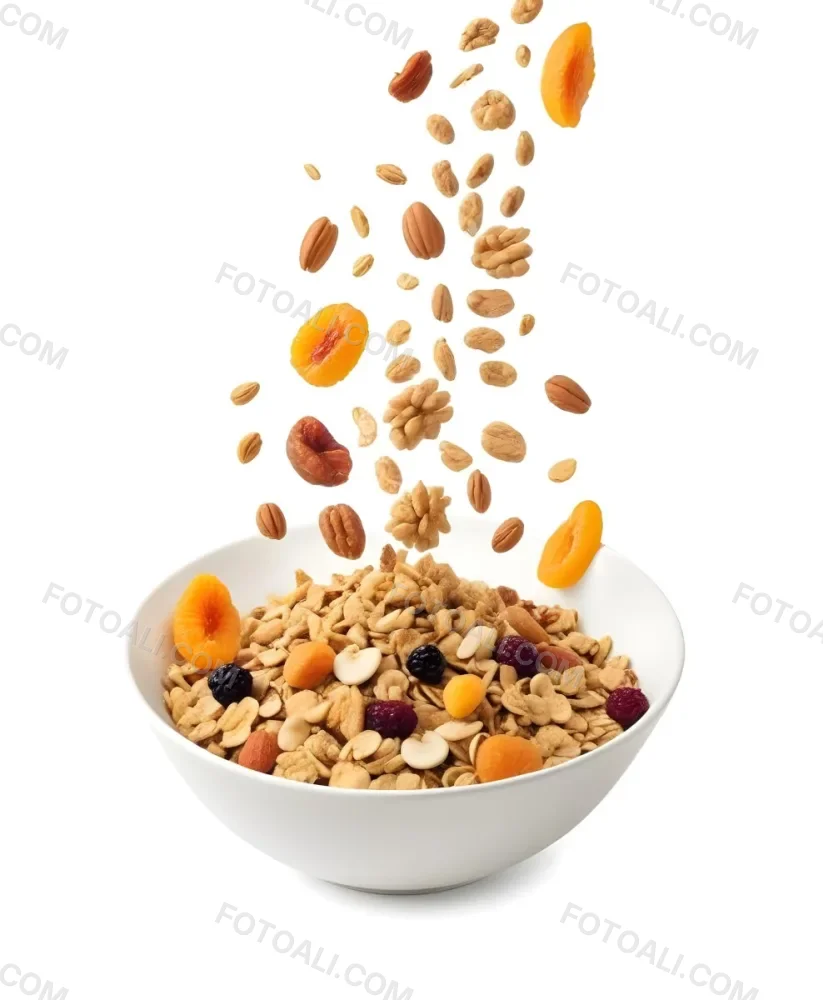 A Bowl Of Granola With Various Dried Fruits And Nuts Falling Into It Including Raisins Apricots Almonds And Pecans 10 8935