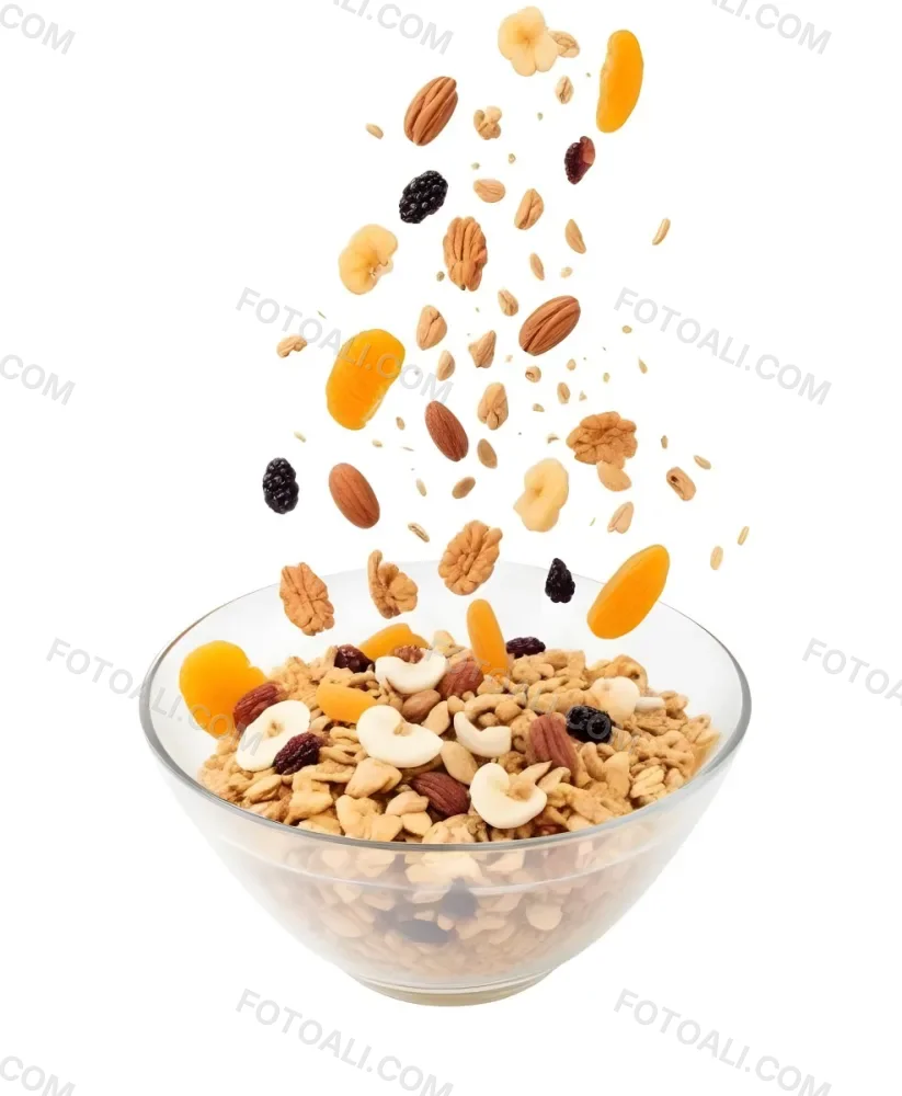 A Bowl Of Granola With Various Dried Fruits And Nuts Falling Into It Including Raisins Apricots Almonds And Pecans 2 9504